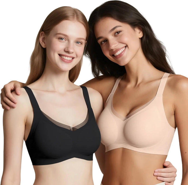 Wireless V-Neck Mesh Seamless Push-Up Bra
